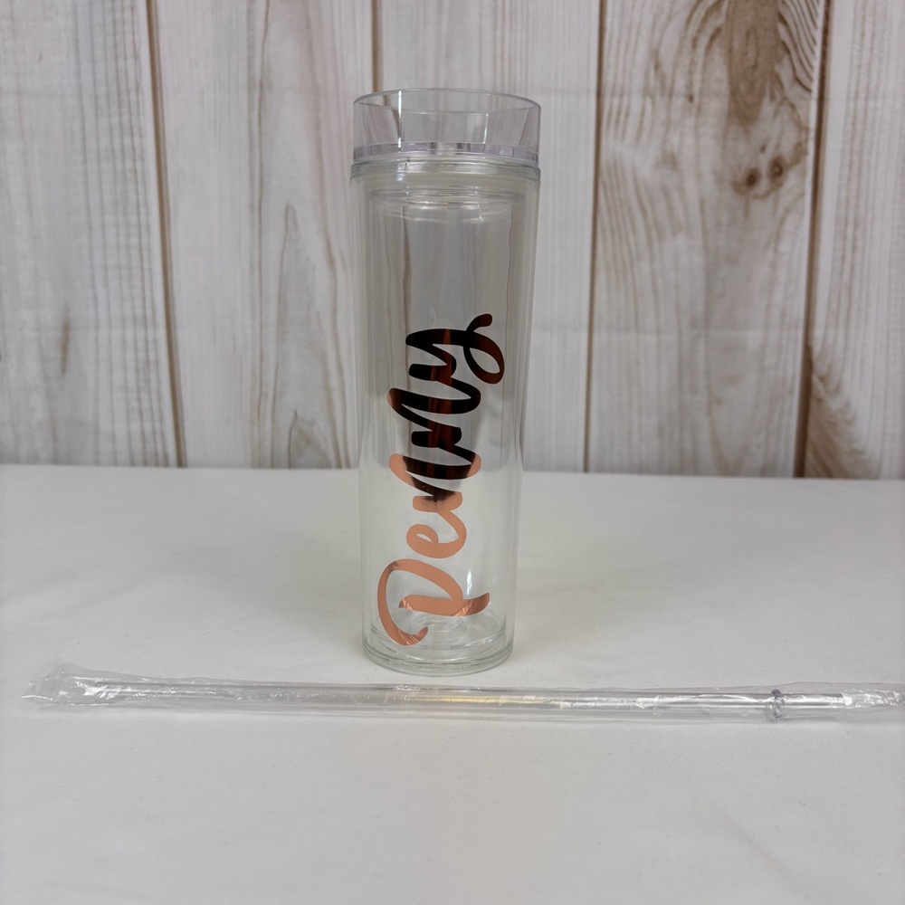 "Penny" Personalized Tumbler w Straw Double Wall Push Lid Clear Rose Gold Script